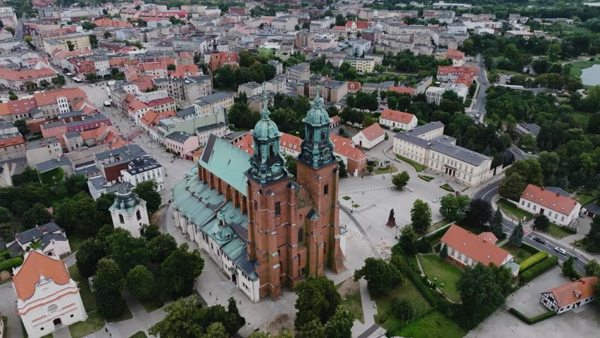 Professional Drone Footage, City Gniezno, Cityscape and Scenic Surroundings, Poland, religious architecture, church, cathedral, historical site