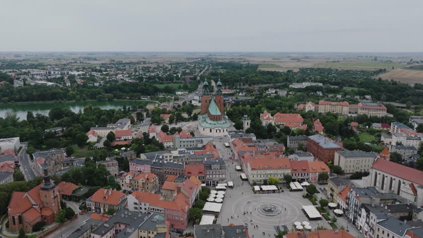 Professional Drone Footage, City Gniezno, Cityscape and Scenic Surroundings, Poland, religious architecture, church, cathedral, historical site