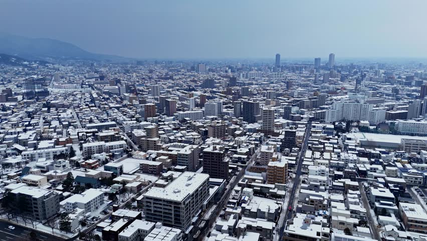 Aerial photography of street scene after snow in Sapporo, Hokkaido, Japan