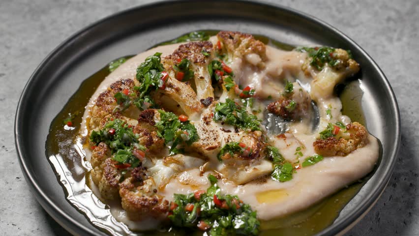 chef cut with fork and knife freshly prepared cauliflower steak with beans puree and chimichurri sauce to show how delicious is healthy vegan meal, portion closeup