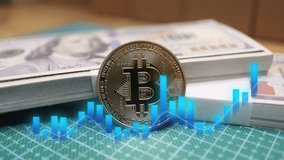 Gold Bitcoin in front of US dollar bills with a blue digital bar chart overlay. Ideal for cryptocurrency, finance, and blockchain-related content. - Powered by Shutterstock - Get 15% off with code: PIKWIZARD15