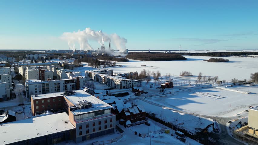 Aerial view of Oulu in a sunny winter day