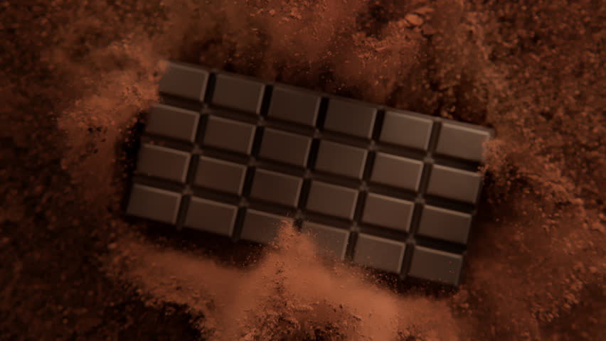 Super Slow Motion Shot of Chocolate Bar and Cocoa Powder Exploded Towards Camera at 1000fps.