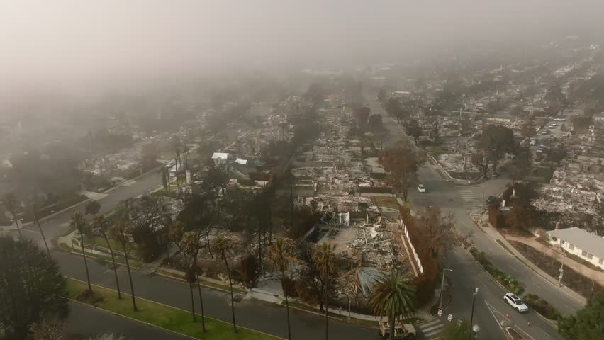 4K aerial of the LA fires in January 2025 from West Hollywood, Los Angeles, California, USA.