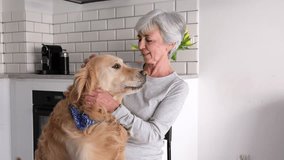 Cheerful Elderly Lady Having Fun With Her Lovely Golden Retriever Dog In The Kitchen - Powered by Shutterstock - Get 15% off with code: PIKWIZARD15