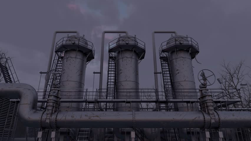 Abandoned petroleum refinery. Details of old facility: rusty pipeline, tubes, stairs and broken refraction columns. Time lapse. 3d rendering.