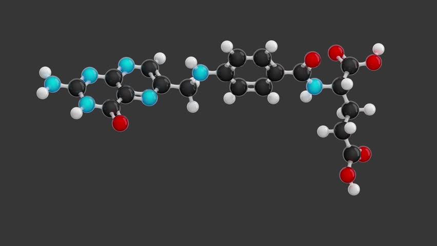 Folic acid (vitamin B9) molecular structure: 3D model of molecule. Chemical formula: C19H19N7O6. Seamless looping Video with an Alpha Channel. Gray background.