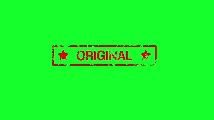 A 4K red rubber stamp animation with the word "ORIGINAL", featuring a grunge ink effect on three background variations: white, green screen (chroma key), and black. Perfect for business, document appr