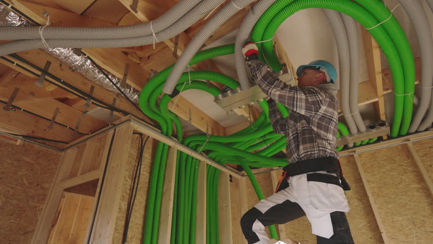 A worker installs air condition duct in a construction area, showcasing vibrant green tubes mounted on the ceiling. The setting reveals ongoing construction efforts.