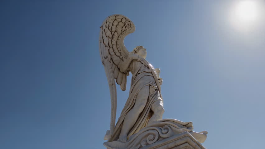 An elegant winged statue gracefully soars against a bright blue sky, epitomizing both beauty and grace perfectly. 3D Illustration