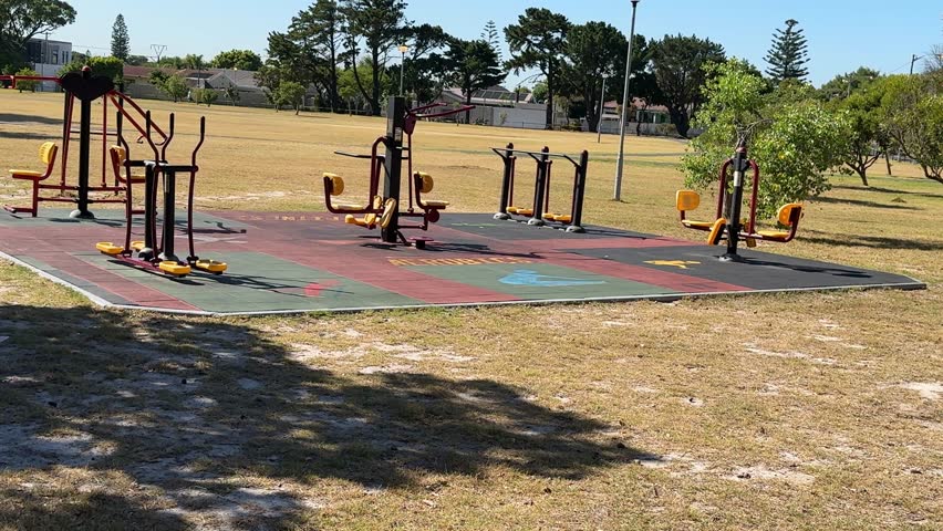 An outdoor gym for resistance training in a park in Cape Town’s suburbs.