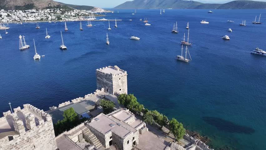 Bodrum Castle in the Summer Season Drone Video, Bodrum Mugla, Turkiye (Turkey)