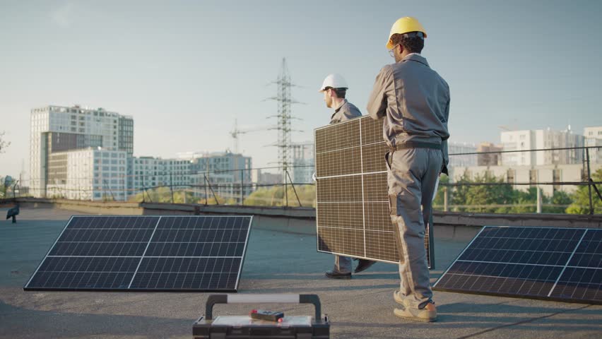 Two male workers in uniforms and helmets carrying solar panels on rooftop. Team installing renewable energy system with city skyline background. Solar panel setup during sunny day in urban environment