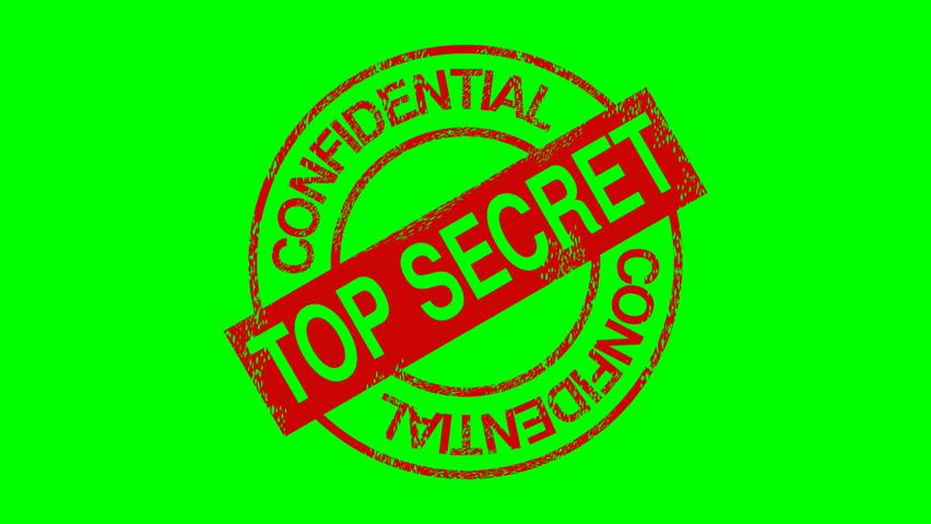 Appearance of the circular symbol of a red TOP SECRET stamp from above on a green screen with alpha channel