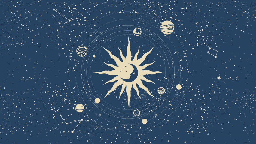 Magic universe, galaxy with orbiting planets around the sun, mystic night sky, space and astrology sorcery, footage