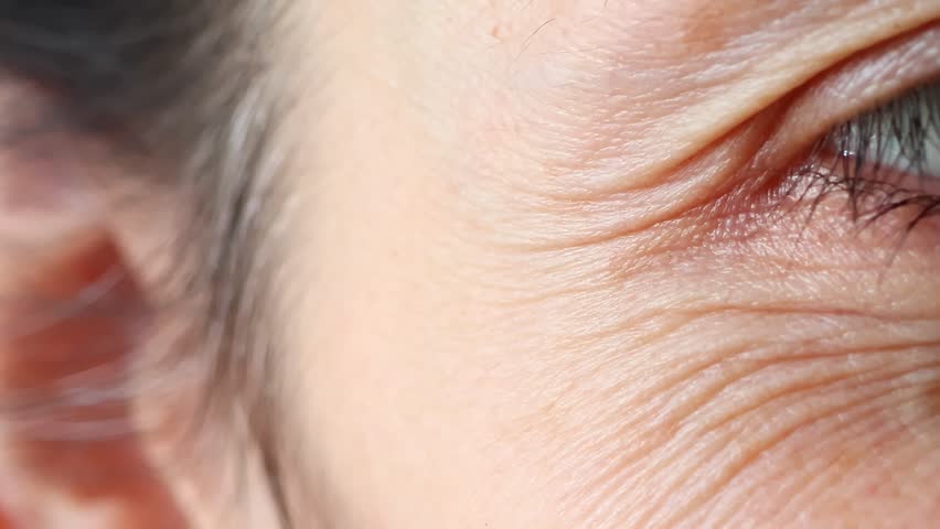 Close up view of woman eyes. Macro shot of middle aged female wrinkles near the eyes. Concept of aging, old skin of wrinkled face of caucasian. Beauty portrait.