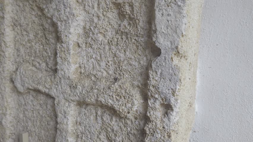 Discovering ancient carvings on a weathered stone wall in a historic location