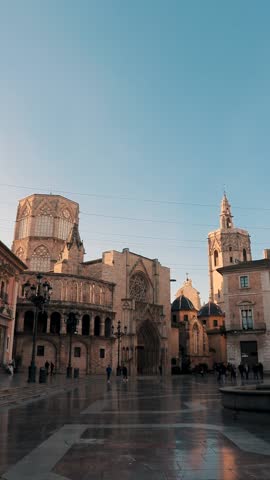 The square Plaza de la Reina in the heart of the old town of Valencia, Spain, shot with Canon in the early morning hours