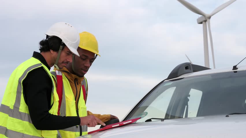 Engineers discussing maintenance work in a wind turbine park
