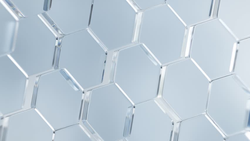 Glass hexagons abstract background. Bright hexagonal surface motion texture. Clean blank with copy space for scientific concept. Seamless loop.