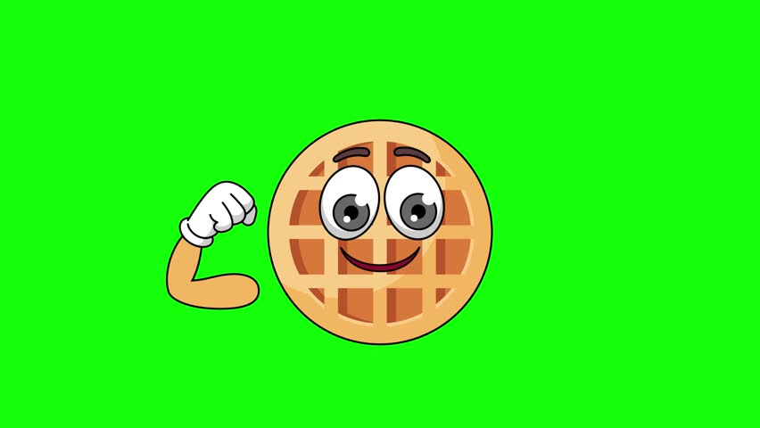 Flexing muscle of circle waffle cartoon, strong pose mascot animation on a green screen
