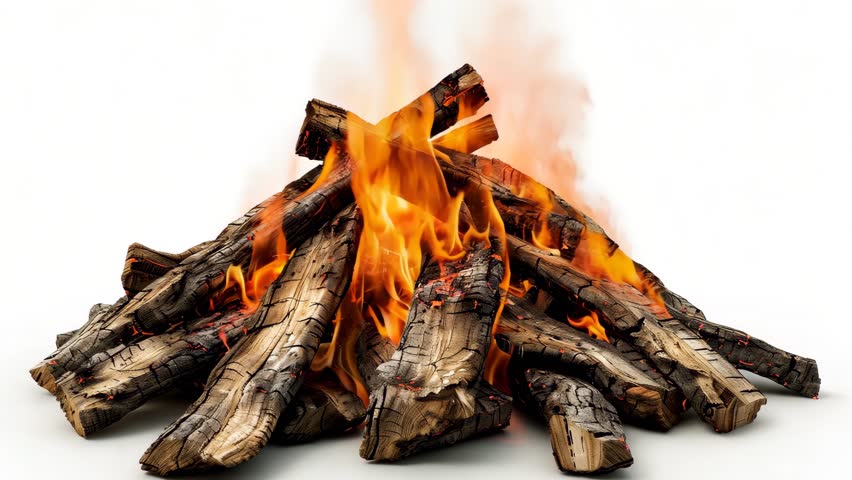 Beautiful bonfire made of wood, isolated on a white background.