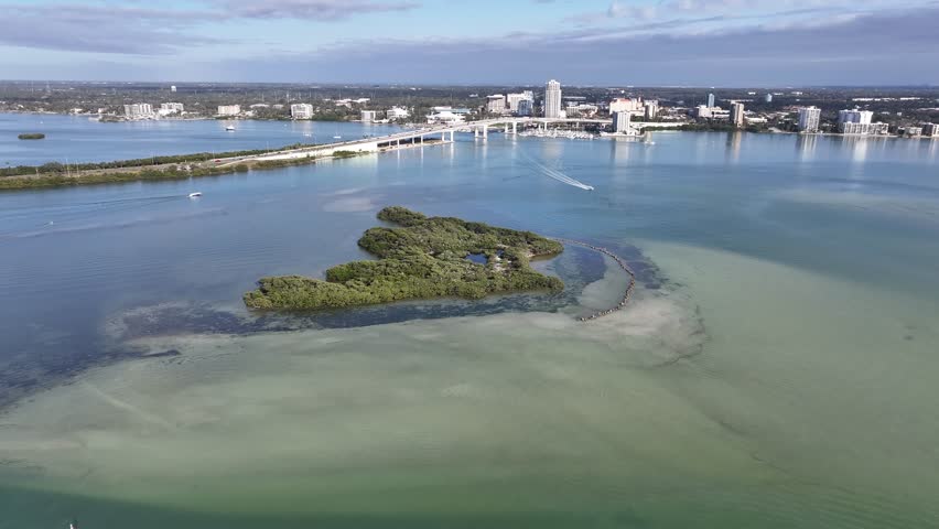 Clearwater Skyline At Clearwater Florida United States. Aerial View Of A Bustling Downtown Cityscape With Modern Buildings. Coast Clouds Sky Seaside Summertime. Coast Tropical Environment.