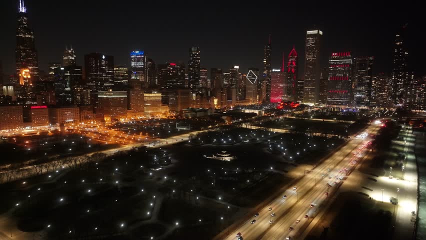 Night Chicago Skyline At Chicago Illinois United States. Capturing The Hustle And Bustle Of A Vibrant City From Above. Building Town Sky Illuminated Urban. Illuminated City Landmark. Chicago Illinois.