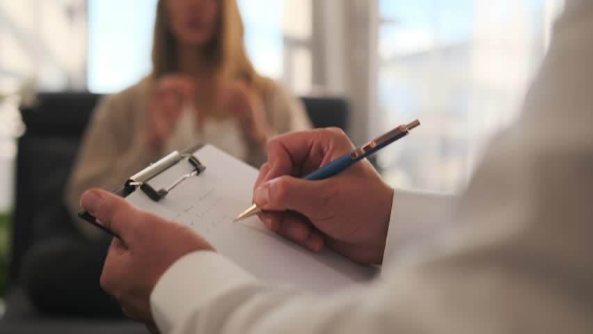 Close up, selective focus. The psychiatrist takes notes, recording symptoms and evaluating the patient for a treatment plan. The patient, clenching her fists, talks about anxiety and fear from PTSD.