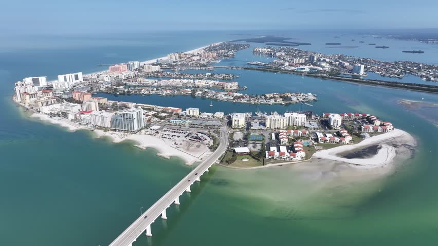 Clearwater Beach Skyline At Clearwater Florida United States. Breathtaking Aerial View Of A Lush Tropical Coastline Scenery. Business Sky Downtown Cityscape. Backgrounds Up Above. Clearwater Florida.