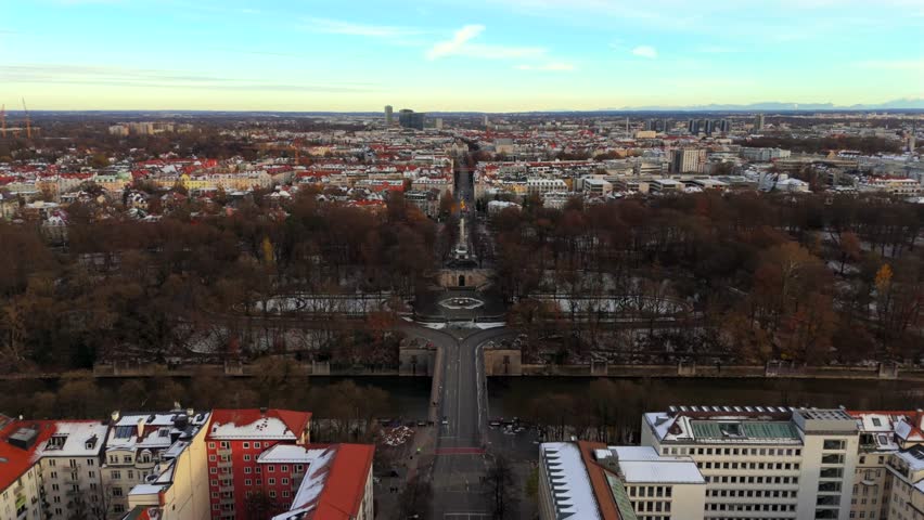 Angel of Peace Friedensengel viewpoint and peace monument in Munich, Germany aerial view in winter. Monument with its terrace in Maximiliansanlagen is popular vantage point. Europaplatz. 