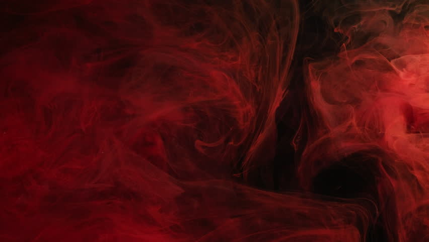 Mystical smoke. Art mist. Curly watercolor red fume layers in dark deep water abstract background. Paint veil mix flow defocused wave.