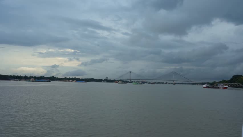 Crossing Ganga River in River Cruise at Kolkata, Second Hooghly Bridge in Background