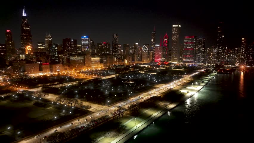 Night Downtown Chicago At Chicago Illinois United States. Capturing The Hustle And Bustle Of A Vibrant City From Above. Building Industry Landscape Bird View Busy. Industry Urban Town.