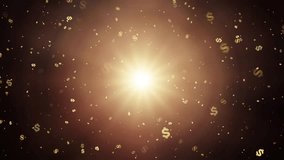 Golden dollar symbols rotate and float in radiant sunlight, symbolizing wealth, finance, and prosperity in a futuristic digital space with shimmering light effects. - Powered by Shutterstock - Get 15% off with code: PIKWIZARD15