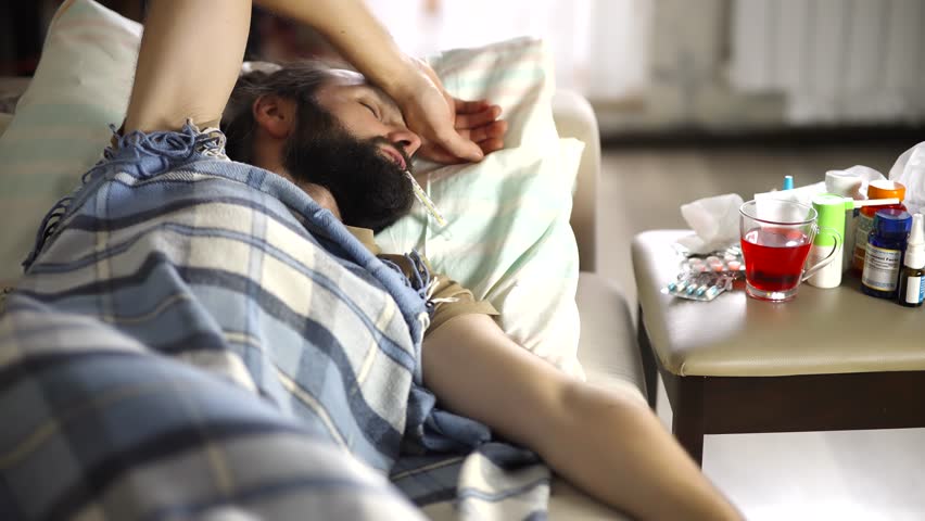 Sick Man Checking Temperature. Seasonal Cold Home Treatment. Sick Flu Virus Illness Symptom. Headache Unwell Illness. Sick Man Feel High Temperature. Severe Cold Guy Suffering Flu Fatigue. Flu Virus