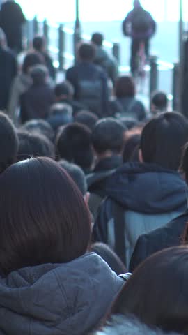 TOKYO, JAPAN : Back shot of huge crowd of people walking. Business man and woman going to work. Shot in busy morning rush hour. Japanese people, business, worker and lifestyle concept vertical video.