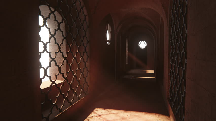 Cinematic 3D animation of medieval stone tunnel with realistic light movement. Sunrays stream through ornate openings, casting dynamic shadows, creating atmospheric depth effect. Perfect for historica