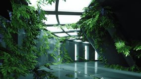 3d seamless loop animation of dynamic sunlight movement in futuristic concrete hallway. Curved hallway, tunnel, corridor with changing light patterns, and lush greenery. Ideal for sci-fi, architecture - Powered by Shutterstock - Get 15% off with code: PIKWIZARD15
