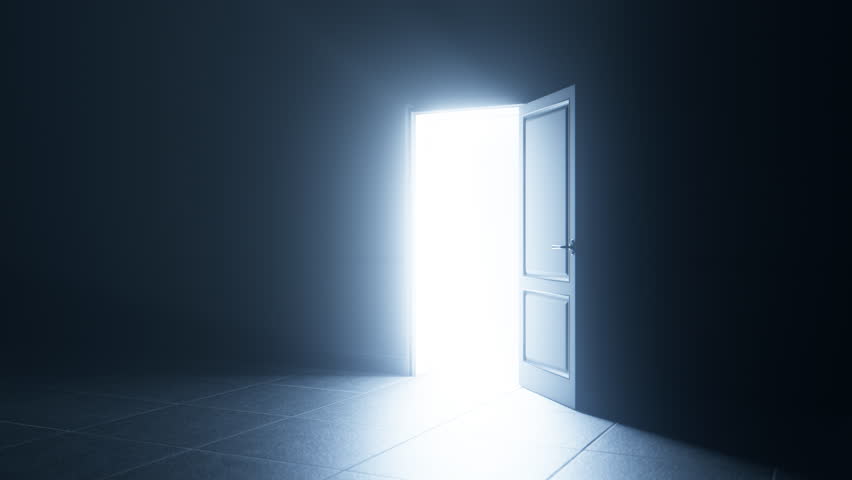 Door Opening, Bright Shining Glowing Light Appears in Dark Room. Magic, Mystery, Success and Religious Concept. Abstract Minamalistic 3d Animation. Close Up View