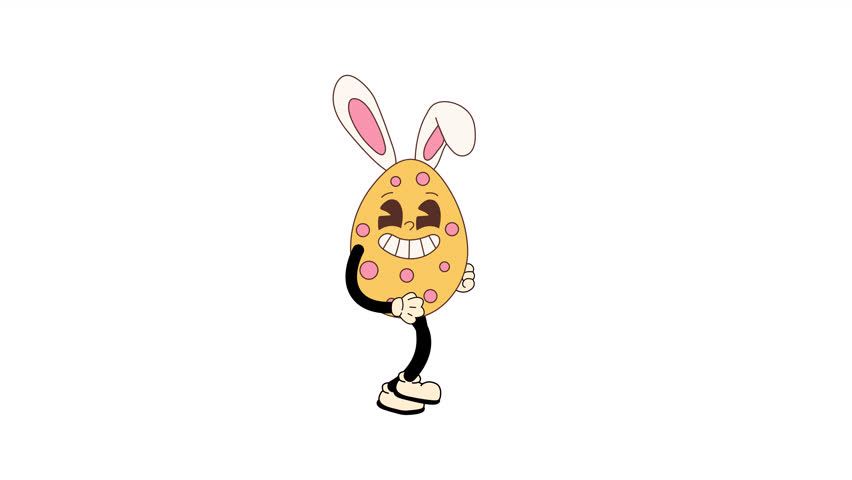 Groovy Easter Egg Bunny with Colorful Retro Design, walking in a seamless loop animation. Transparent background for easy use in designs and overlays