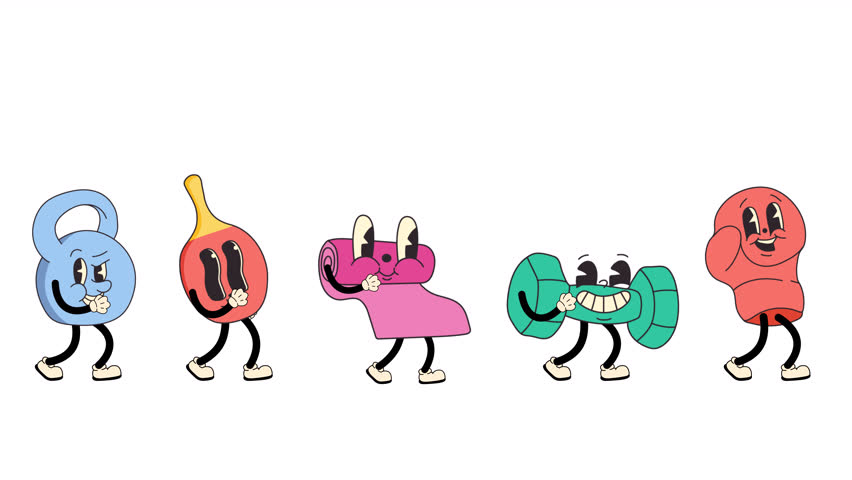 Set of retro cartoon style sports equipment characters walking in a seamless loop animation. Transparent background for easy use in designs, overlays, and sports themed projects