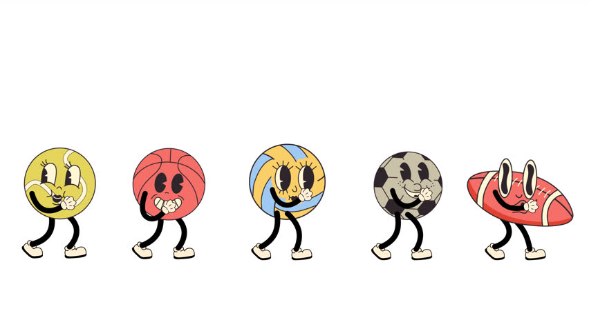 Set of retro cartoon style sport ball characters walking in a seamless loop animation. Transparent background for easy use in designs, overlays, and sports themed projects