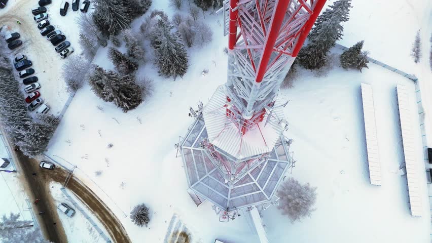 Aerial descending view, transmitter tower, Polish media infrastructure