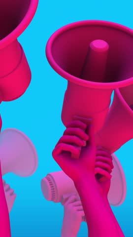 A group of stylised animated 3D hands holding up megaphone speakers.