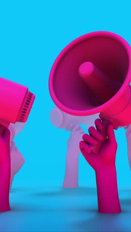 A group of stylised animated 3D hands holding up megaphone speakers.