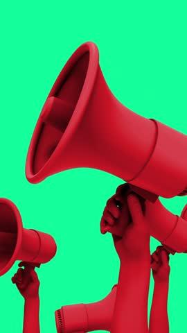 A group of stylised animated 3D hands holding up megaphone speakers.