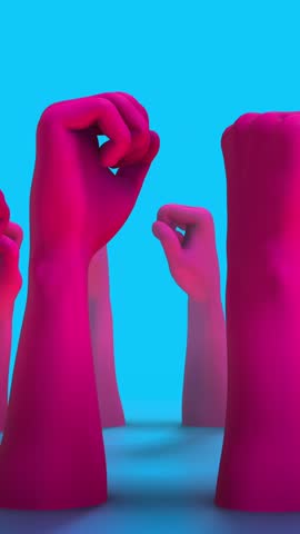 A group of stylised animated 3D hands holding up fists.