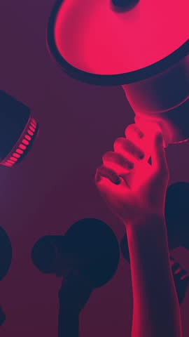 A group of stylised animated 3D hands holding up megaphone speakers.