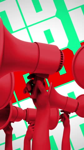 A group of stylised animated 3D hands holding up megaphone speakers.